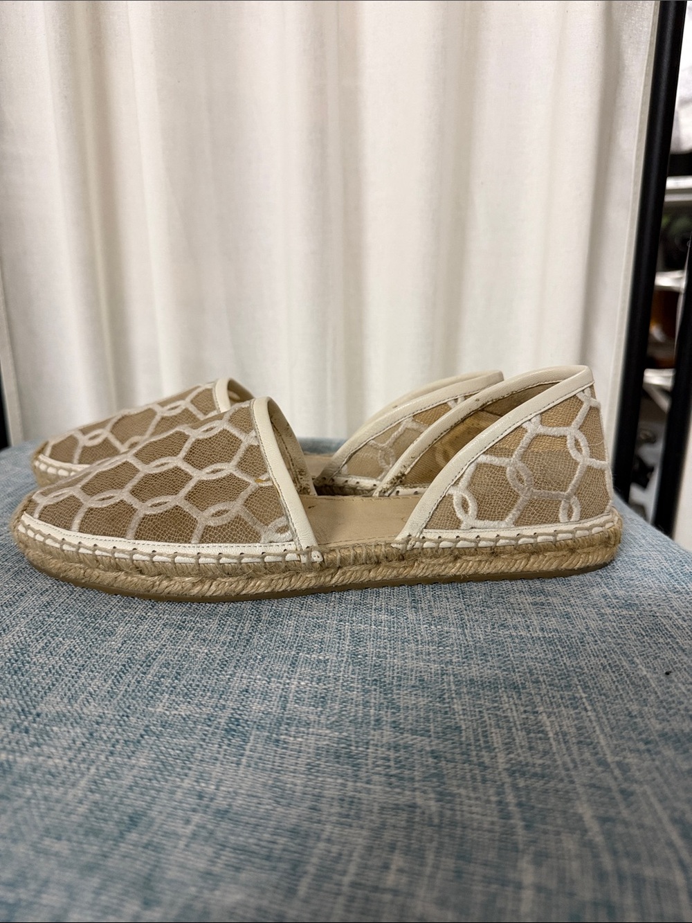 Jimmy Choo Beige Espadrille Slip-Ons with White Chain Pattern - Picture 2 of 4